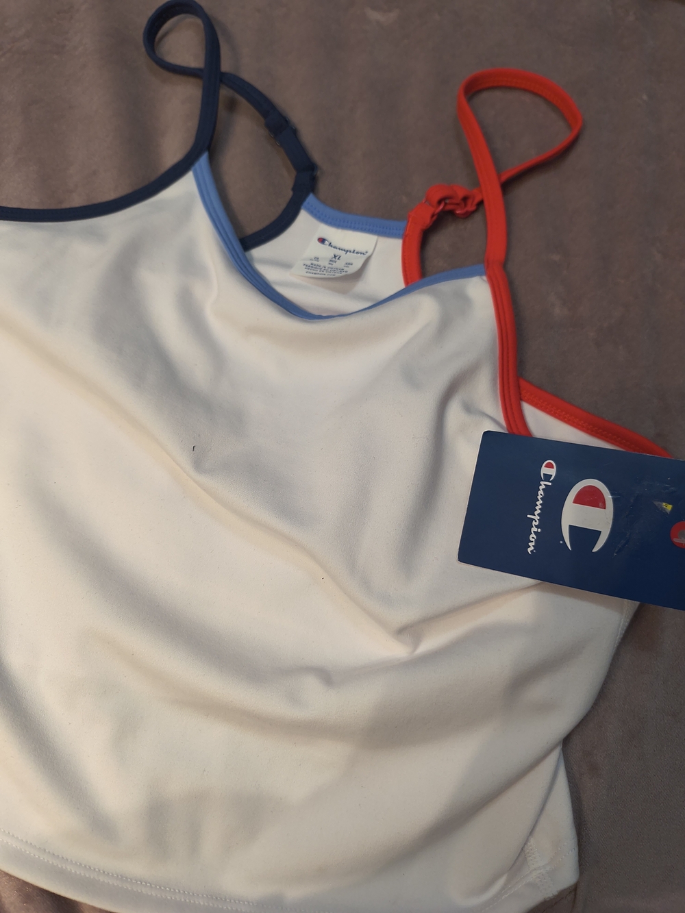 Champion Women's White Color-Trim Tank Top - Blue & Red Straps